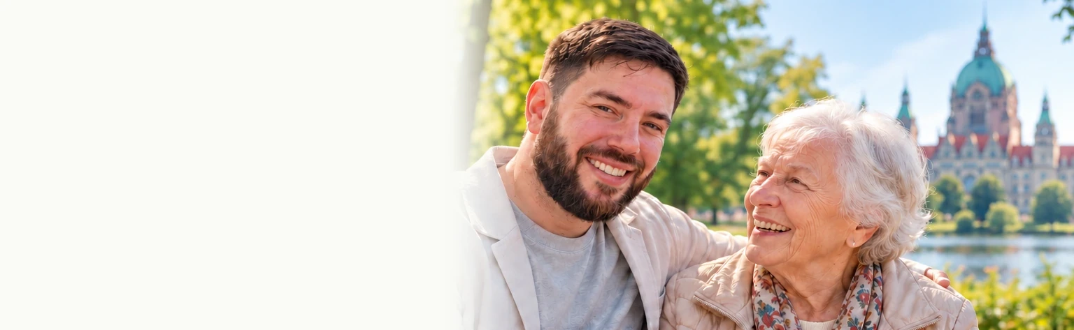 Freundliche Begegnung einer Begleitperson mit einer älteren Dame vor Hannover – gestaltetes Beispielbild